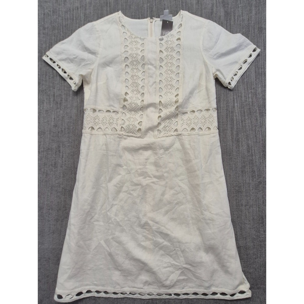 NWT J. Jill Crochet Trim Dress Women's SM White Linen Blend Sheath Zip Back